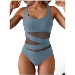 B2PRITY Women's Light Blue One Piece Swimsuit Mesh Panel Ruched, M